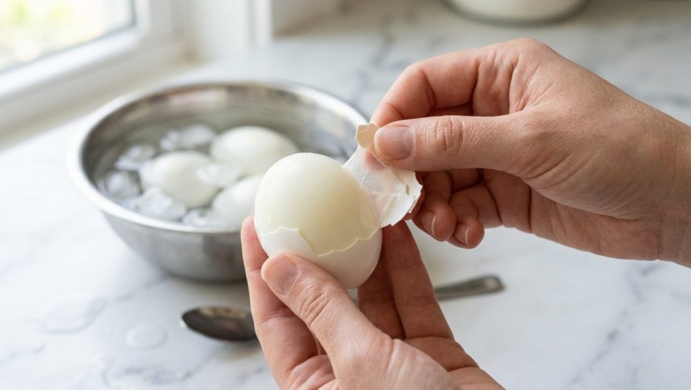 A close-up, photorealistic shot of a hand gently peeling a hard-boiled egg. The shell separates cleanly, revealing a smooth, pristine egg white with a visible membrane. Steam rises subtly from the warm egg. In the soft-focus background, an ice bath with other eggs hints at the cooling process in a bright kitchen.