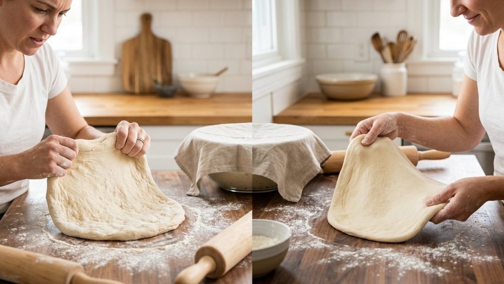 A bright, inviting kitchen scene contrasts dough elasticity. On the left, flour-dusted hands struggle to stretch stiff, resistant dough. On the right, the same hands effortlessly shape smooth, pliable dough.