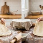 A bright, inviting kitchen scene contrasts dough elasticity. On the left, flour-dusted hands struggle to stretch stiff, resistant dough. On the right, the same hands effortlessly shape smooth, pliable dough.