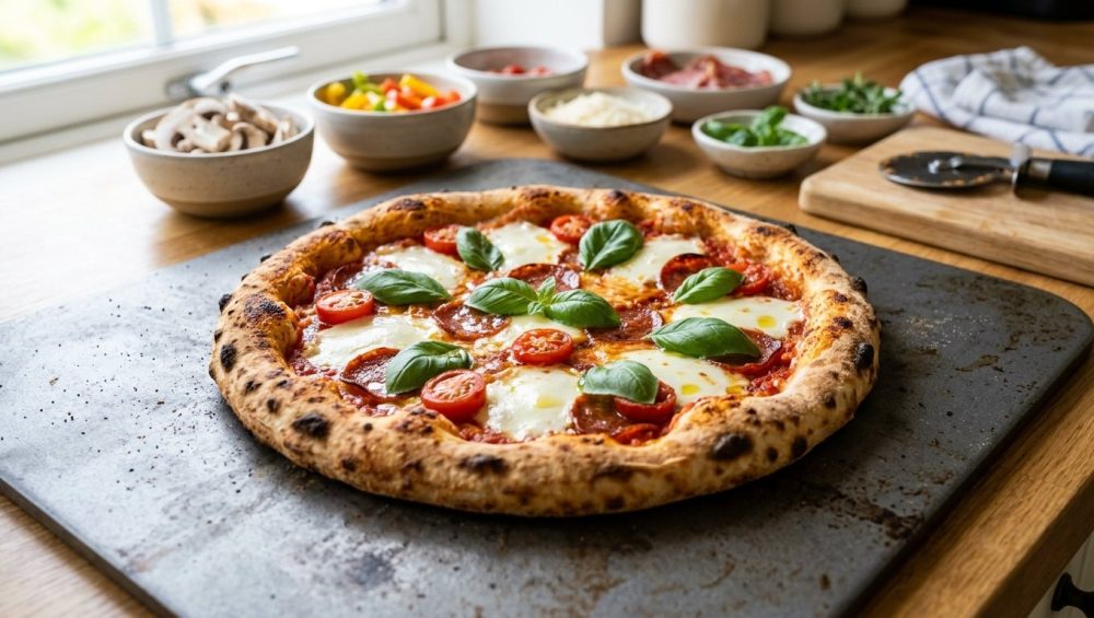 A mouth-watering, photorealistic close-up of a perfectly baked homemade pizza on a dark grey baking steel. The pizza features a golden, crispy crust and vibrant toppings like melted mozzarella, bright cherry tomatoes, and fresh basil. In the soft-focus background, a clean kitchen counter displays colorful ingredients in bowls, all bathed in bright natural light.