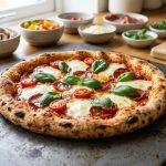 A mouth-watering, photorealistic close-up of a perfectly baked homemade pizza on a dark grey baking steel. The pizza features a golden, crispy crust and vibrant toppings like melted mozzarella, bright cherry tomatoes, and fresh basil. In the soft-focus background, a clean kitchen counter displays colorful ingredients in bowls, all bathed in bright natural light.