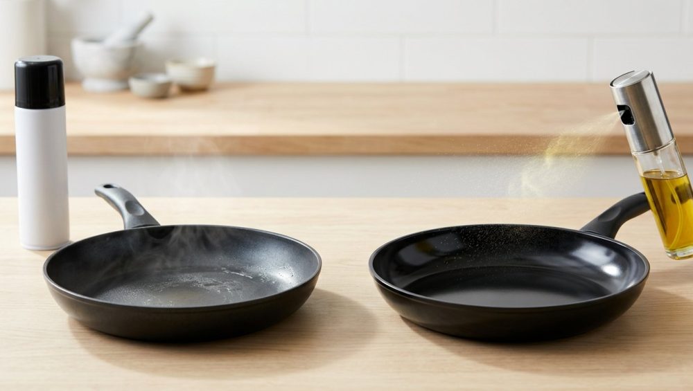 A photorealistic image shows a degraded nonstick skillet with an aerosol spray on the left, contrasted with a pristine skillet receiving oil from a modern mister on the right, on a clean kitchen counter.