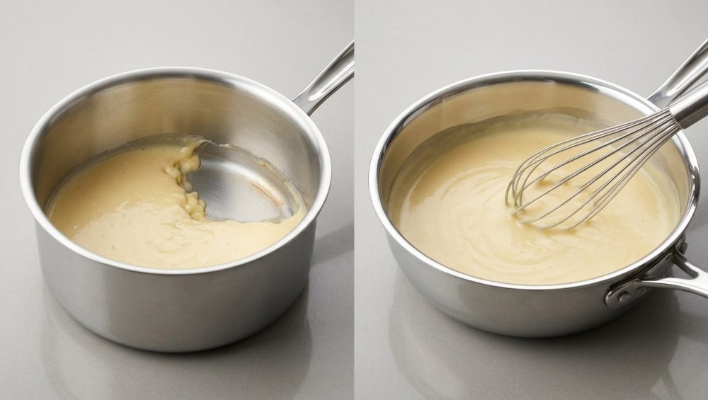 A photorealistic studio shot comparing two stainless steel cooking pans side-by-side on a light countertop. On the left, a standard saucepan with a sharp 90-degree internal corner contains creamy yellow sauce, with a small clump visibly stuck and faintly scorched in the corner. On the right, a saucier pan with a smooth, gracefully rounded interior curve shows the same sauce being actively whisked by a balloon whisk that perfectly sweeps the entire surface, leaving no residue. The image highlights the practical difference in pan design for stirring.