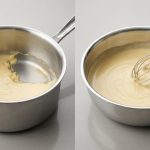 A photorealistic studio shot comparing two stainless steel cooking pans side-by-side on a light countertop. On the left, a standard saucepan with a sharp 90-degree internal corner contains creamy yellow sauce, with a small clump visibly stuck and faintly scorched in the corner. On the right, a saucier pan with a smooth, gracefully rounded interior curve shows the same sauce being actively whisked by a balloon whisk that perfectly sweeps the entire surface, leaving no residue. The image highlights the practical difference in pan design for stirring.