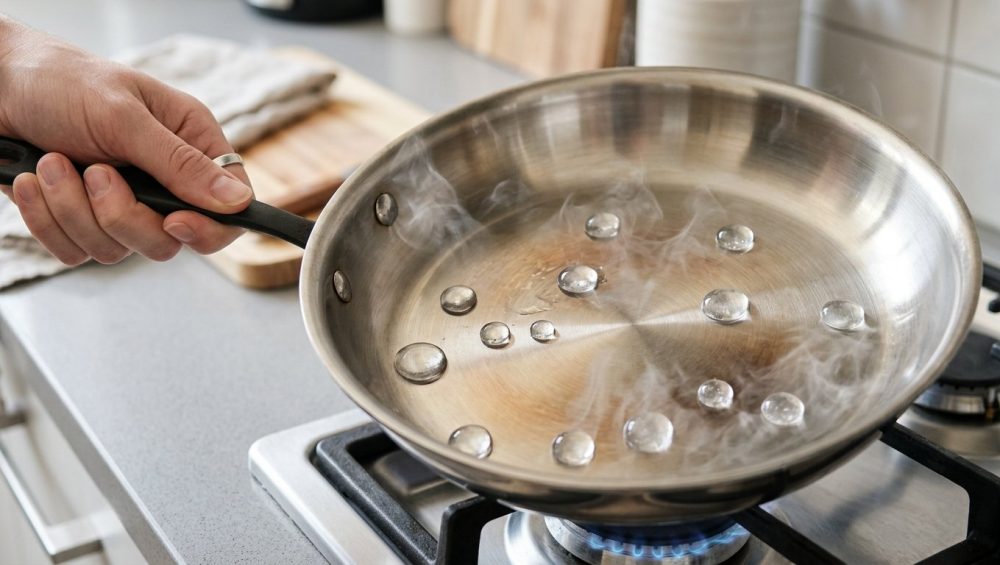 A pristine, preheated stainless steel skillet in a photorealistic close-up. Several perfectly spherical water droplets shimmer and dance on a visible cushion of steam, demonstrating the Leidenfrost effect. A hand gently tilts the pan in a softly blurred, minimalist kitchen background.