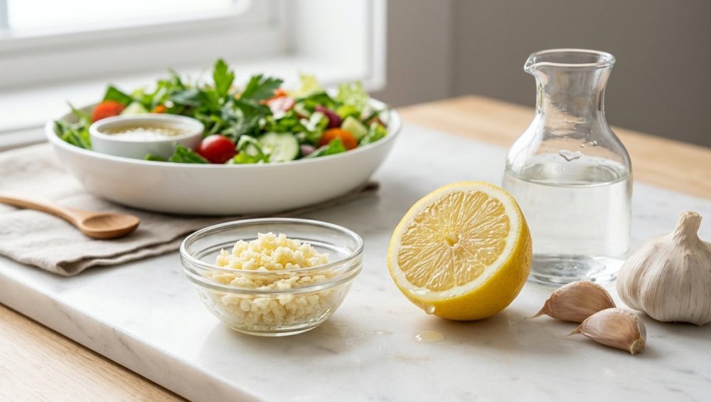 A photorealistic still life of fresh cooking ingredients: a glass bowl of glistening minced garlic, a vibrant lemon half with a juice droplet, and a clear vinegar cruet on a pristine counter. Whole garlic cloves are nearby, with a blurred green salad in the background, exuding a clean, appetizing, and brightly lit culinary scene.