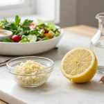 A photorealistic still life of fresh cooking ingredients: a glass bowl of glistening minced garlic, a vibrant lemon half with a juice droplet, and a clear vinegar cruet on a pristine counter. Whole garlic cloves are nearby, with a blurred green salad in the background, exuding a clean, appetizing, and brightly lit culinary scene.