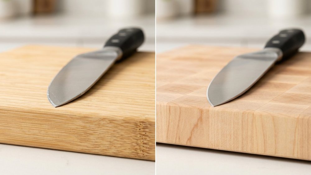 A photorealistic, side-by-side comparison of two identical chef's knife blades on different cutting boards. On the left, the blade shows subtle dullness and microscopic wear against a hard, light-colored bamboo board. On the right, the blade is perfectly pristine, sharp, and reflective on a soft, light-toned end-grain wood board.
