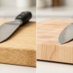 A photorealistic, side-by-side comparison of two identical chef's knife blades on different cutting boards. On the left, the blade shows subtle dullness and microscopic wear against a hard, light-colored bamboo board. On the right, the blade is perfectly pristine, sharp, and reflective on a soft, light-toned end-grain wood board.