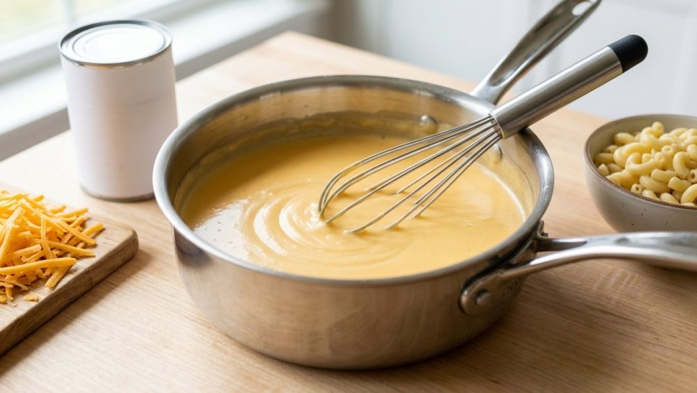 A perfectly smooth, velvety golden cheddar cheese sauce shimmers in a gleaming stainless steel saucepan, with a whisk gently resting in it. It sits on a clean kitchen counter, with a blurred background showing an evaporated milk can, shredded cheddar, and macaroni pasta, all bathed in soft, warm light.