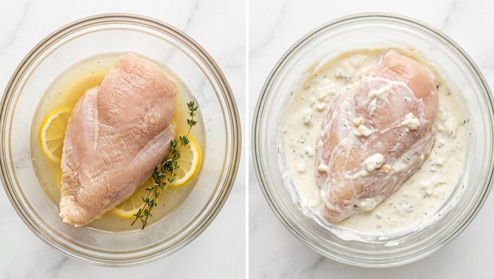 A diptych image, set in a pristine, modern kitchen, compares two raw chicken breasts in clear glass bowls. On the left, a raw chicken breast appears pale and has visible, tightly contracted muscle fibers, suggesting a toughened texture. It's partially submerged in a thin, clear yellowish liquid marinade, surrounded by bright yellow lemon slices and clear vinegar, illustrating the effect of aggressive acid marination. On the right, another raw chicken breast looks noticeably plumper, softer, and more relaxed, with a creamy, even surface texture. It's generously coated in a thick, off-white, slightly textured Greek yogurt or buttermilk marinade, with hints of creamy dairy around it, demonstrating gentle dairy tenderization. Both bowls rest on a minimalist light-colored counter under bright, clean studio lighting, emphasizing the detailed textures for a clear visual comparison of 'bad' (left) versus 'good' (right) tenderization.