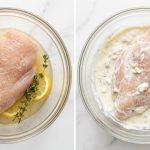 A diptych image, set in a pristine, modern kitchen, compares two raw chicken breasts in clear glass bowls. On the left, a raw chicken breast appears pale and has visible, tightly contracted muscle fibers, suggesting a toughened texture. It's partially submerged in a thin, clear yellowish liquid marinade, surrounded by bright yellow lemon slices and clear vinegar, illustrating the effect of aggressive acid marination. On the right, another raw chicken breast looks noticeably plumper, softer, and more relaxed, with a creamy, even surface texture. It's generously coated in a thick, off-white, slightly textured Greek yogurt or buttermilk marinade, with hints of creamy dairy around it, demonstrating gentle dairy tenderization. Both bowls rest on a minimalist light-colored counter under bright, clean studio lighting, emphasizing the detailed textures for a clear visual comparison of 'bad' (left) versus 'good' (right) tenderization.