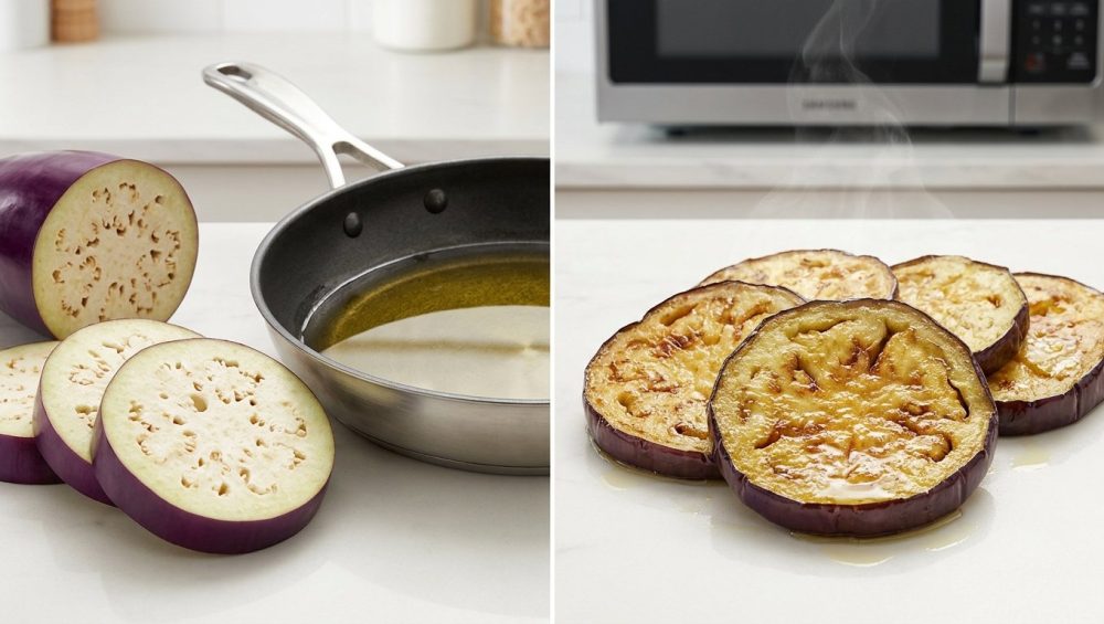 A photorealistic food image compares two ways to cook eggplant on a bright kitchen counter. On the left, thick, raw purple eggplant slices with a spongy texture sit next to a pan of hot oil, emphasizing their readiness to soak up grease. On the right, beautifully golden-brown, pan-fried eggplant slices appear tender and have only a delicate sheen of oil, showcasing a lighter, non-greasy result achieved through a pre-treatment method.