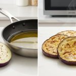 A photorealistic food image compares two ways to cook eggplant on a bright kitchen counter. On the left, thick, raw purple eggplant slices with a spongy texture sit next to a pan of hot oil, emphasizing their readiness to soak up grease. On the right, beautifully golden-brown, pan-fried eggplant slices appear tender and have only a delicate sheen of oil, showcasing a lighter, non-greasy result achieved through a pre-treatment method.