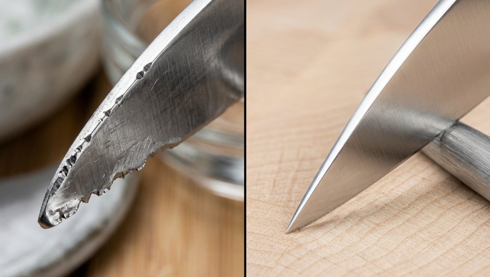 A photorealistic macro diptych of a stainless steel kitchen knife edge. On the left, the blade edge is severely degraded with microscopic rolling and chipping, hinting at damage from abrasive materials. On the right, the same blade is pristine, razor-sharp, and perfectly smooth, either being honed or resting on a protective maple cutting board. The image presents a clear 'before and after' comparison in a clean, scientific style.