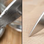 A photorealistic macro diptych of a stainless steel kitchen knife edge. On the left, the blade edge is severely degraded with microscopic rolling and chipping, hinting at damage from abrasive materials. On the right, the same blade is pristine, razor-sharp, and perfectly smooth, either being honed or resting on a protective maple cutting board. The image presents a clear 'before and after' comparison in a clean, scientific style.