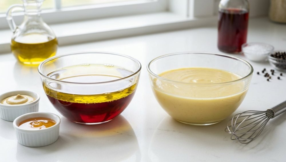 A pristine, well-lit modern kitchen counter displays two clear glass bowls in a photorealistic food photography style. The left bowl shows distinctly separated golden olive oil and red wine vinegar. The right bowl holds a creamy, homogenous pale yellow emulsified vinaigrette, with mustard, honey, and a whisk nearby, illustrating the science of emulsions.