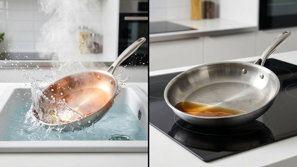 A photorealistic, high-detail image split into two panels, illustrating the cause and effect of thermal shock on a stainless steel frying pan. The left panel shows a hot, gleaming pan being rapidly plunged into a sink of cool water, creating an explosive burst of steam and water droplets. The right panel displays the exact same pan resting on a flat countertop, its bottom visibly warped and bowed, causing golden cooking oil to pool unevenly in the depressed center. The image is clean, sharply focused, and studio-lit, contrasting the dramatic action with its frustrating consequence.