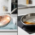 A photorealistic, high-detail image split into two panels, illustrating the cause and effect of thermal shock on a stainless steel frying pan. The left panel shows a hot, gleaming pan being rapidly plunged into a sink of cool water, creating an explosive burst of steam and water droplets. The right panel displays the exact same pan resting on a flat countertop, its bottom visibly warped and bowed, causing golden cooking oil to pool unevenly in the depressed center. The image is clean, sharply focused, and studio-lit, contrasting the dramatic action with its frustrating consequence.