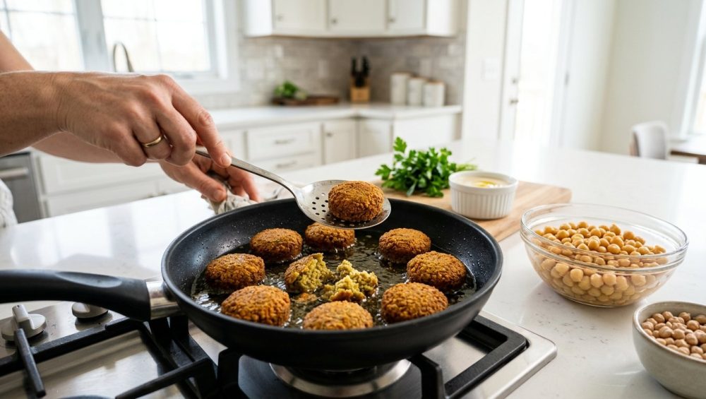A photorealistic image in a bright, modern kitchen shows hands flipping a golden-brown falafel in a hot pan. The pan contains both perfectly formed, crispy falafel and broken, crumbly pieces, highlighting cooking success and failure. On the clean countertop, bowls of soaked and dry chickpeas provide context, with herbs and tahini subtly blurred in the background.