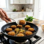 A photorealistic image in a bright, modern kitchen shows hands flipping a golden-brown falafel in a hot pan. The pan contains both perfectly formed, crispy falafel and broken, crumbly pieces, highlighting cooking success and failure. On the clean countertop, bowls of soaked and dry chickpeas provide context, with herbs and tahini subtly blurred in the background.