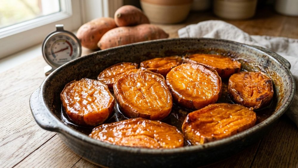 A hyper-realistic photograph of perfectly cooked, sliced sweet potatoes arranged in a minimalist ceramic baking dish. Each slice is deeply caramelized and glistens with golden, gooey maltose syrup, appearing soft, jammy, and custard-like. Blurred in the warm, natural background are whole raw sweet potatoes and an oven thermometer, hinting at their natural sweetness.