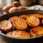 A hyper-realistic photograph of perfectly cooked, sliced sweet potatoes arranged in a minimalist ceramic baking dish. Each slice is deeply caramelized and glistens with golden, gooey maltose syrup, appearing soft, jammy, and custard-like. Blurred in the warm, natural background are whole raw sweet potatoes and an oven thermometer, hinting at their natural sweetness.
