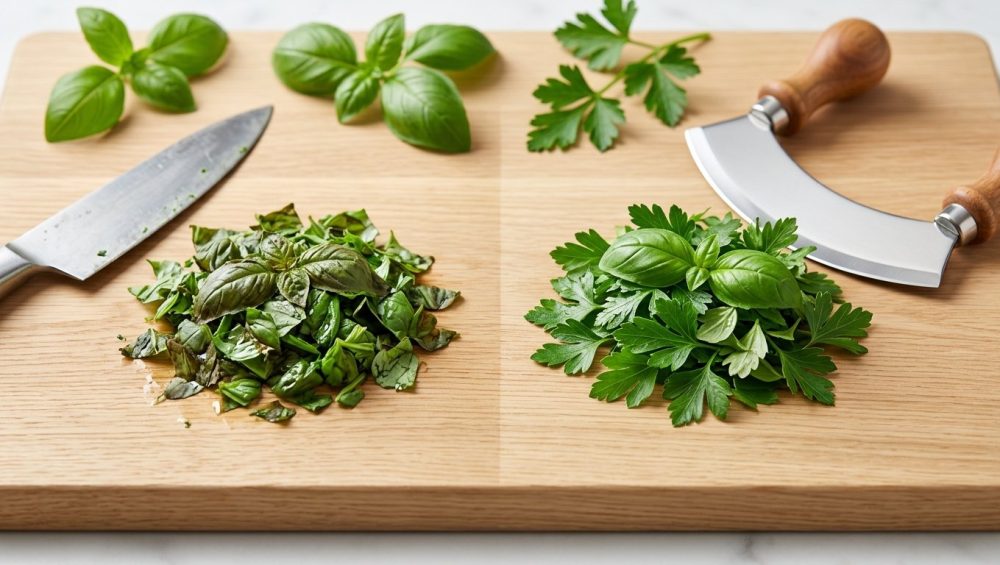 A photorealistic comparison of herb preparation on a light wooden cutting board. On the left, a pile of dull, bruised basil and parsley next to a chef's knife. On the right, a vibrant pile of fresh, cleanly cut basil and parsley beside a gleaming mezzaluna, showcasing the superior result.