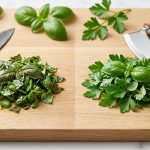 A photorealistic comparison of herb preparation on a light wooden cutting board. On the left, a pile of dull, bruised basil and parsley next to a chef's knife. On the right, a vibrant pile of fresh, cleanly cut basil and parsley beside a gleaming mezzaluna, showcasing the superior result.