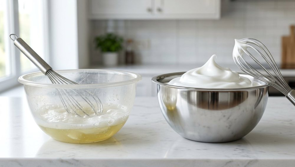 A photorealistic studio shot comparing two mixing bowls on a pristine kitchen counter. On the left, a scuffed plastic bowl holds a deflated, watery egg white mixture with a whisk partially submerged. On the right, a gleaming stainless steel bowl contains perfectly whipped, stiff, glossy egg white peaks, with a whisk resting on its rim, highlighting the stark contrast.