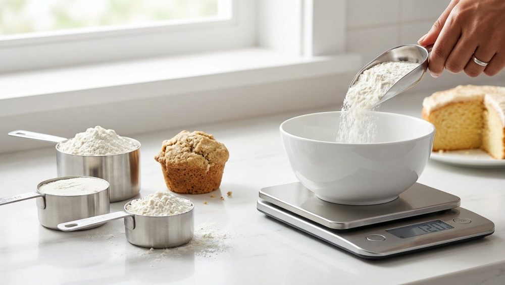A bright, photorealistic still life on a modern kitchen counter visually contrasts imprecise volume-based flour measurement with precise digital weighing. On the left, traditional measuring cups hold flour inconsistently (overflowing, compacted, loose) next to a dense, crumbly muffin. On the right, a sleek digital scale displays '120g' as a hand precisely pours flour into a bowl, with a perfectly light, fluffy cake in the soft-focus background.