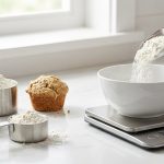 A bright, photorealistic still life on a modern kitchen counter visually contrasts imprecise volume-based flour measurement with precise digital weighing. On the left, traditional measuring cups hold flour inconsistently (overflowing, compacted, loose) next to a dense, crumbly muffin. On the right, a sleek digital scale displays '120g' as a hand precisely pours flour into a bowl, with a perfectly light, fluffy cake in the soft-focus background.