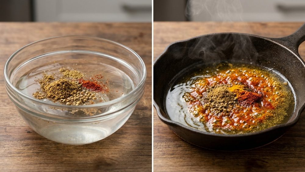 A photorealistic diptych contrasting inert and activated ground spices. The left panel shows dull, clumpy cumin, coriander, and chili powder sparsely sprinkled in a clear glass bowl of still water, appearing lifeless and muted. The right panel features the same spices, plus turmeric, actively sizzling in hot golden oil in a dark pan, creating a vibrant swirl of rich red, orange, and yellow pigments with rising aromatic steam, signifying flavor release.
