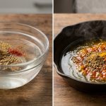 A photorealistic diptych contrasting inert and activated ground spices. The left panel shows dull, clumpy cumin, coriander, and chili powder sparsely sprinkled in a clear glass bowl of still water, appearing lifeless and muted. The right panel features the same spices, plus turmeric, actively sizzling in hot golden oil in a dark pan, creating a vibrant swirl of rich red, orange, and yellow pigments with rising aromatic steam, signifying flavor release.