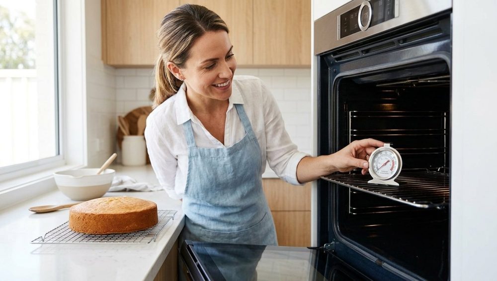 A person in a modern, sunlit kitchen stands before an open oven, intently looking at a gleaming stainless steel oven thermometer inside. A perfectly golden-brown cake sits nearby, a testament to precise baking. The scene is clean, photorealistic, and highlights accurate temperature control.