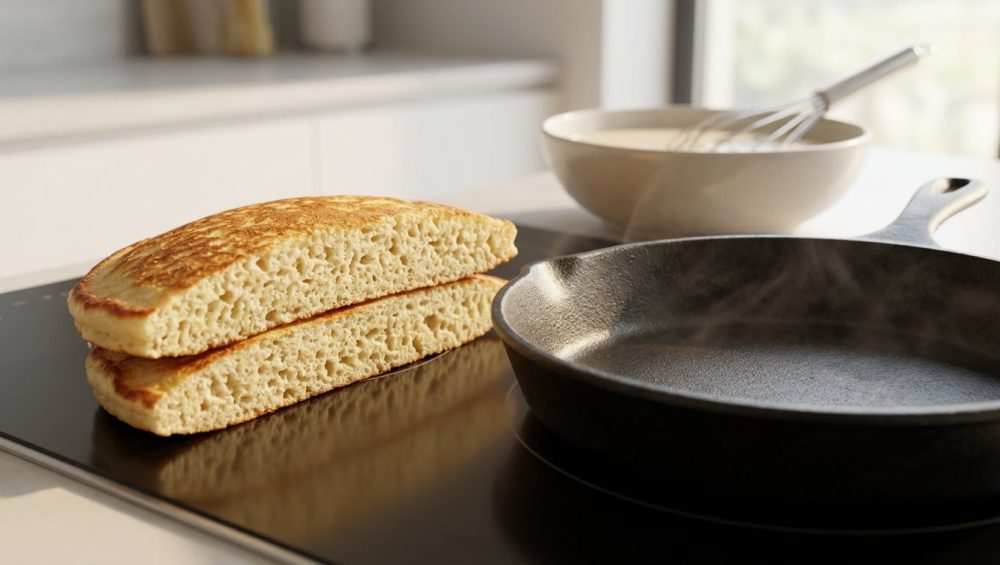 A close-up of a perfectly cooked, golden-brown pancake, sliced in half to reveal its uniformly fluffy, airy interior. A dark cast iron skillet rests on a modern stovetop with a faint heat shimmer. In the soft-focus background, a bowl of batter and whisk are visible. The scene is bathed in bright morning light, looking clean, inviting, and suggesting culinary perfection.