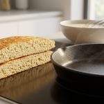 A close-up of a perfectly cooked, golden-brown pancake, sliced in half to reveal its uniformly fluffy, airy interior. A dark cast iron skillet rests on a modern stovetop with a faint heat shimmer. In the soft-focus background, a bowl of batter and whisk are visible. The scene is bathed in bright morning light, looking clean, inviting, and suggesting culinary perfection.