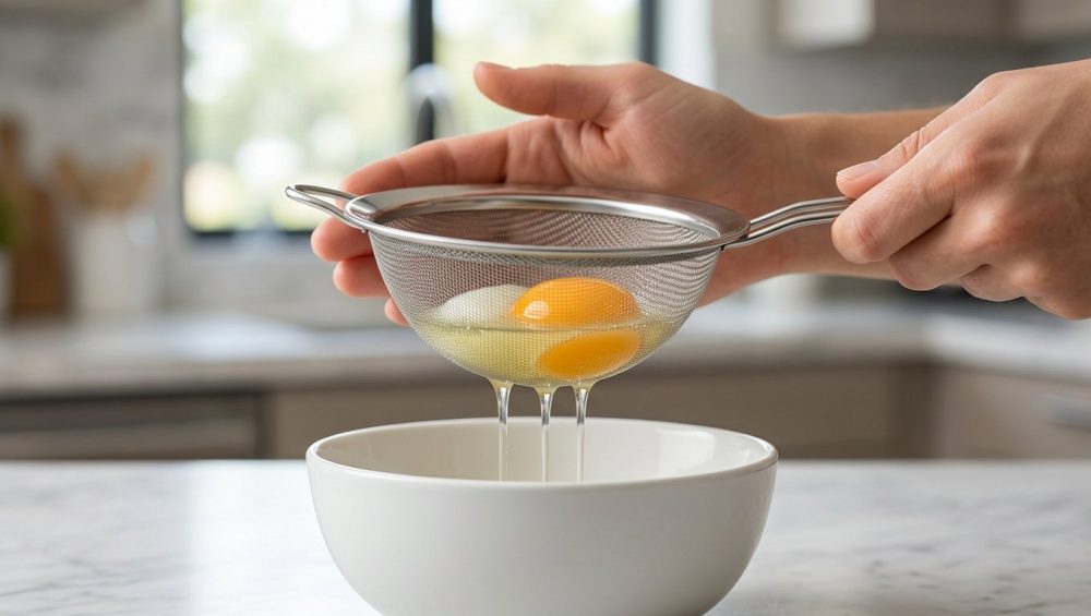 A photorealistic image demonstrating the precise technique of straining a fresh egg, with watery albumen dripping from a fine-mesh strainer, to achieve a perfectly round poached egg served elegantly on avocado toast.