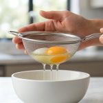 A photorealistic image demonstrating the precise technique of straining a fresh egg, with watery albumen dripping from a fine-mesh strainer, to achieve a perfectly round poached egg served elegantly on avocado toast.