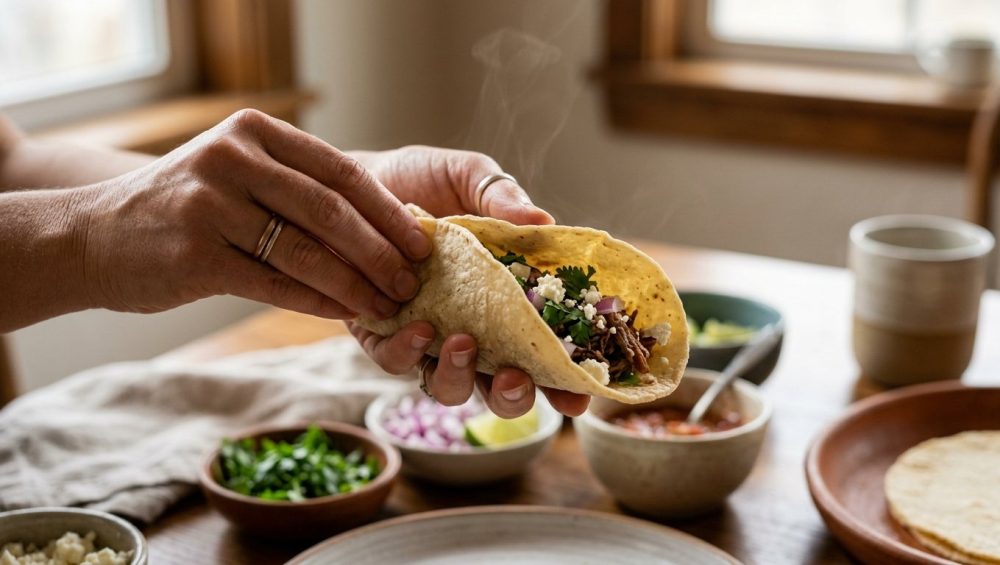 A close-up shows hands gently folding a warm, perfectly pliable corn tortilla, its soft texture visible. Blurred in the background are fresh taco fillings like cilantro, red onion, and lime in a clean, inviting home kitchen, illuminated by soft natural light.