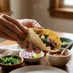 A close-up shows hands gently folding a warm, perfectly pliable corn tortilla, its soft texture visible. Blurred in the background are fresh taco fillings like cilantro, red onion, and lime in a clean, inviting home kitchen, illuminated by soft natural light.