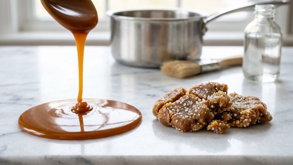A photorealistic close-up contrasting two types of caramel on a white marble counter: on the left, smooth, glossy amber caramel drips and pools; on the right, dull, gritty, crystallized caramel with visible sugar crystals. A blurred background shows a saucepan and corn syrup.