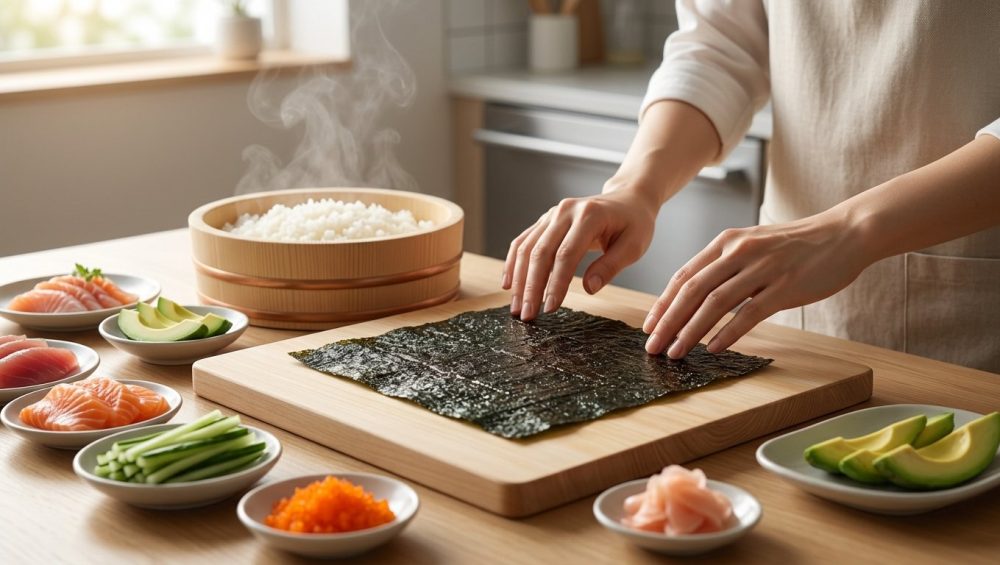 An eye-level, photorealistic shot of a clean, inviting DIY temaki station in a modern kitchen. A sheet of dark, crisp nori lies on a light wooden board, with subtly steaming sushi rice in a traditional bowl nearby. Artfully arranged dishes of fresh salmon, tuna, avocado, cucumber, masago, and pickled ginger surround them. A pair of hands gently reach towards the nori, bathed in soft natural light.