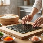 An eye-level, photorealistic shot of a clean, inviting DIY temaki station in a modern kitchen. A sheet of dark, crisp nori lies on a light wooden board, with subtly steaming sushi rice in a traditional bowl nearby. Artfully arranged dishes of fresh salmon, tuna, avocado, cucumber, masago, and pickled ginger surround them. A pair of hands gently reach towards the nori, bathed in soft natural light.