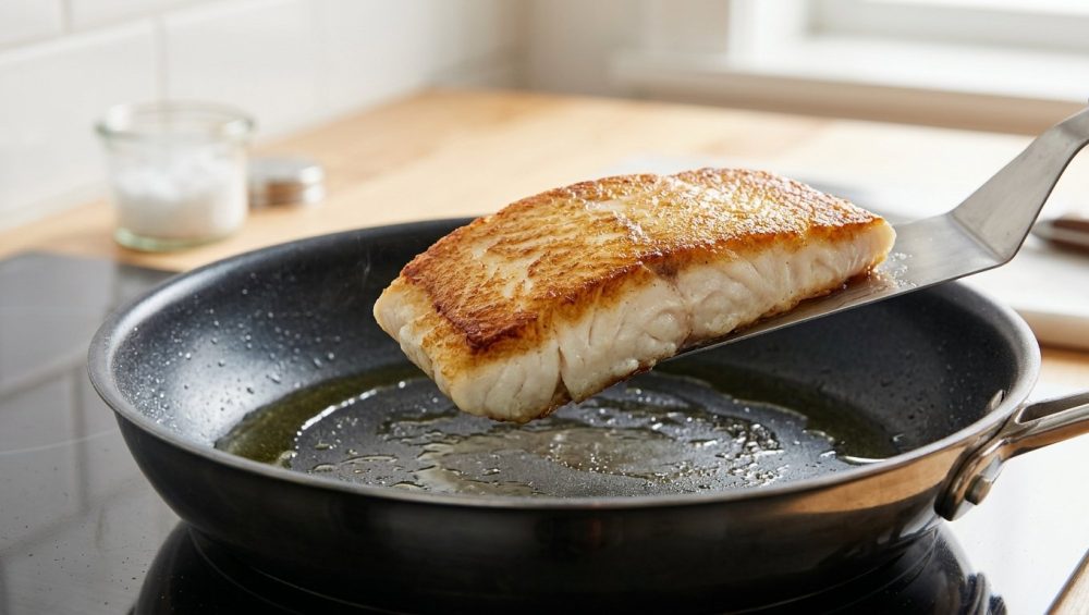 A close-up, photorealistic image of an appetizing, perfectly seared, golden-brown white fish fillet being lifted cleanly from a gleaming non-stick pan with a metal spatula, against a blurred modern kitchen background.