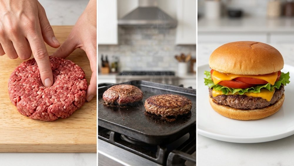 A photorealistic triptych illustrating burger patty perfection: a left panel shows hands dimpling raw ground beef; a middle panel contrasts a domed, shrinking patty with a flat, evenly seared one cooking; and a right panel features a perfectly assembled burger with a flat patty and fresh toppings.