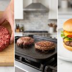 A photorealistic triptych illustrating burger patty perfection: a left panel shows hands dimpling raw ground beef; a middle panel contrasts a domed, shrinking patty with a flat, evenly seared one cooking; and a right panel features a perfectly assembled burger with a flat patty and fresh toppings.