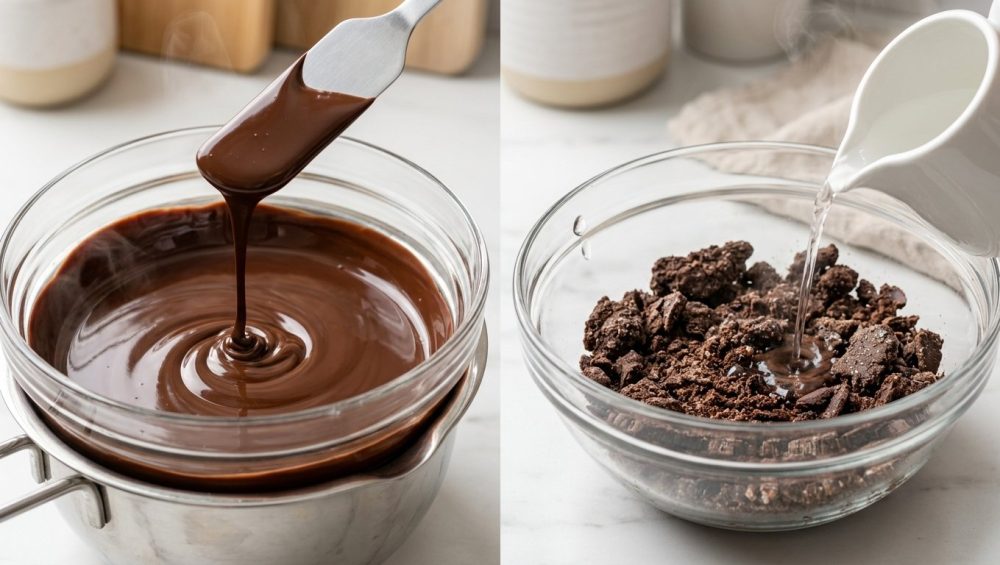 Two clear bowls of dark chocolate on a light counter illustrate a dramatic contrast. On the left, perfectly melted, glossy chocolate drips from a spatula, with subtle steam. On the right, dull, clumpy, seized chocolate shows a water droplet on the rim, while boiling water is poured in to begin its rescue.