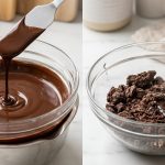 Two clear bowls of dark chocolate on a light counter illustrate a dramatic contrast. On the left, perfectly melted, glossy chocolate drips from a spatula, with subtle steam. On the right, dull, clumpy, seized chocolate shows a water droplet on the rim, while boiling water is poured in to begin its rescue.
