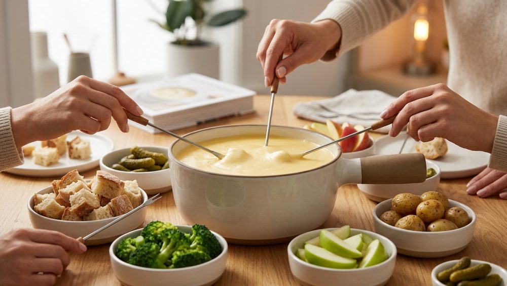 A photorealistic, softly lit image of a communal fondue experience. A modern fondue pot, brimming with velvety golden cheese, sits on a warm wooden table. It's surrounded by artfully arranged dipping items: crusty bread cubes, blanched broccoli, roasted new potatoes, and apple slices. Multiple hands gracefully interact, dipping fondue forks into the cheese, conveying togetherness and elegant simplicity.